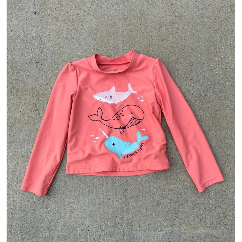 Simple‎ Joys by Carters Girls 5T Rash Guard Coral Pink Narwhal Whale Shark Swim